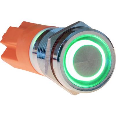 Bottone interruttore arancione con anello luminoso verde, che indica che l'interruttore è attivo.