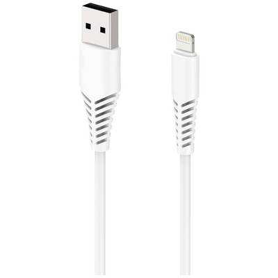 Cavo USB bianco con connettore Lightning, comunemente utilizzato per dispositivi Apple.