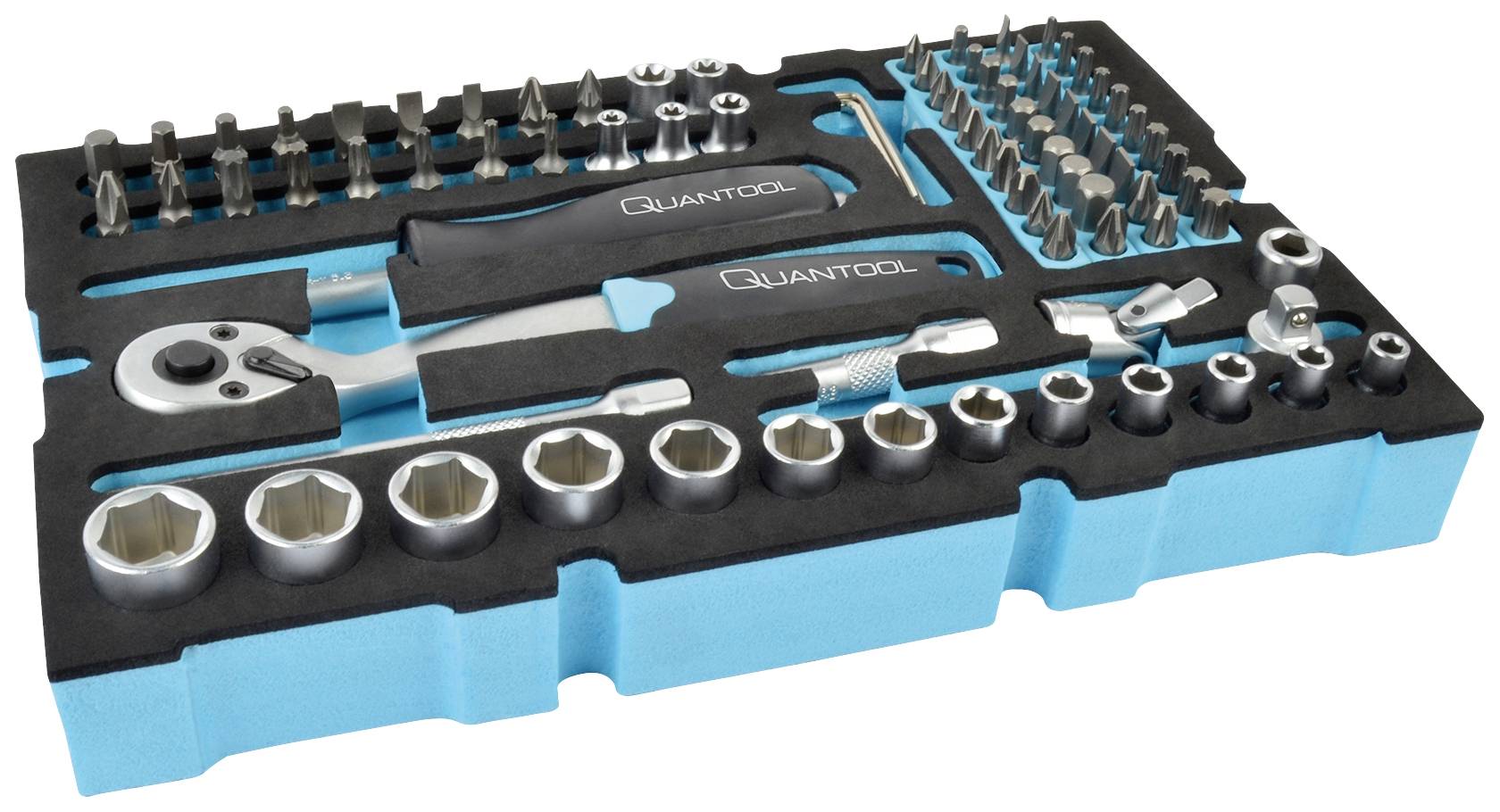 Set di utensili con inserto in schiuma che include diversi attacchi, impugnature per cacciaviti, cricchetti e prolunghe per un utilizzo flessibile.