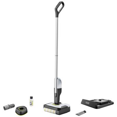 Aspirapolvere a batteria al centro, circondato da accessori come detergenti, batteria e caricabatterie su sfondo bianco.