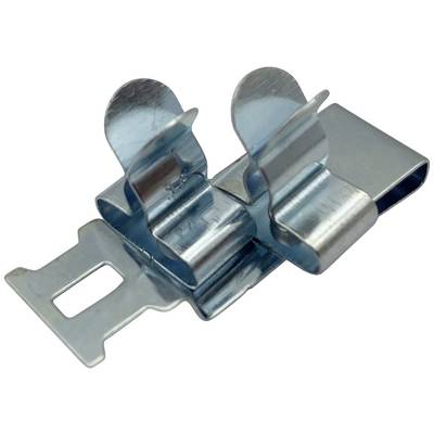 Clip metallico con due braccetti piegati e foro rettangolare di fissaggio, idoneo per l'ancoraggio su una superficie.