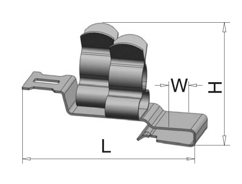 Metalloclip con indicazioni di lunghezza (L), larghezza (W) e altezza (H). Due clip verticali per il fissaggio, linguetta laterale a sinistra.