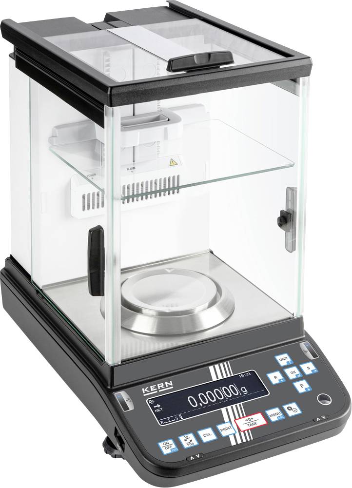 Bilancia digitale con cabina in vetro e display digitale, indica 0,00000 g. Ideale per pesate precise in laboratorio.