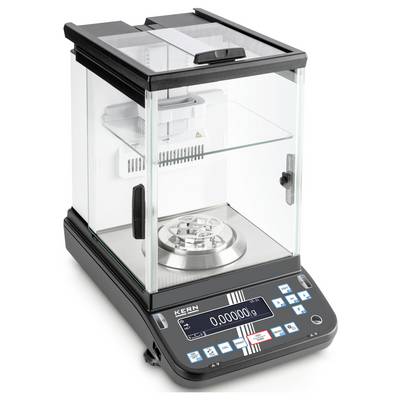 Bilancia di precisione con display digitale e camera in vetro, idonea per applicazioni di laboratorio. Il display indica '0,00000 g'.