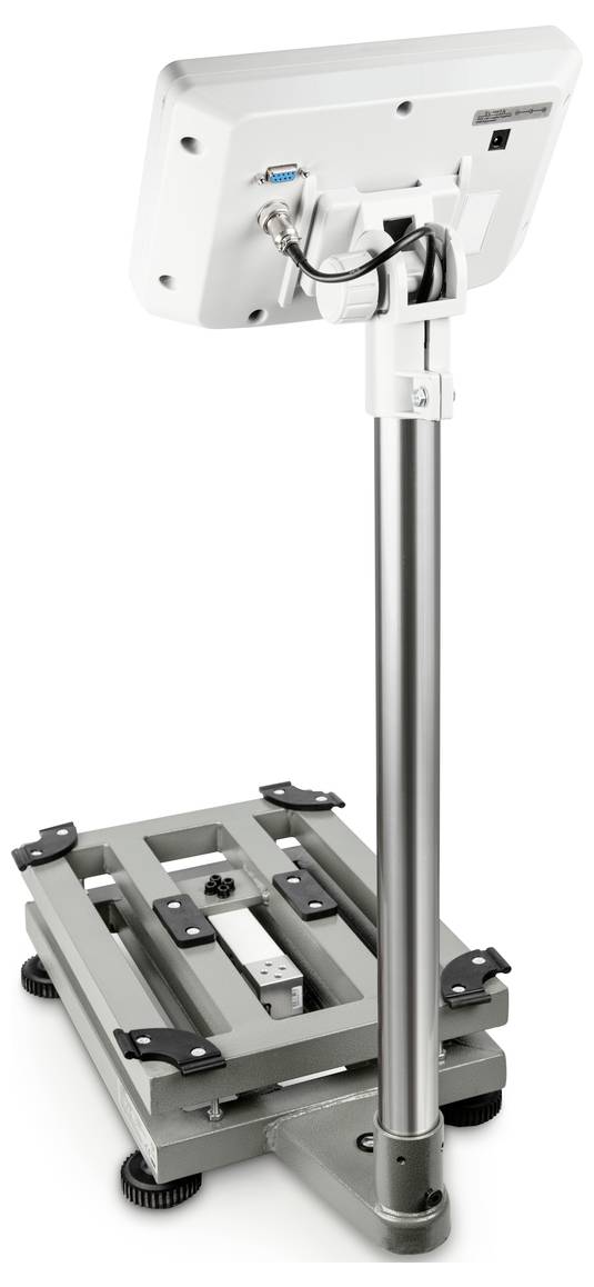 Una bilancia elettronica per persone con display digitale e supporto regolabile in altezza, dal design robusto per applicazioni mediche.