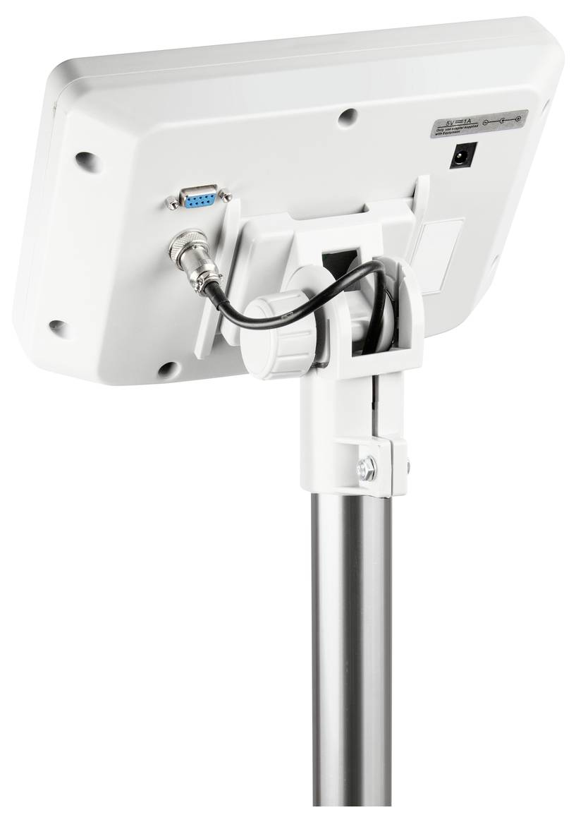 Un monitor bianco rettangolare è montato su un supporto metallico. Sul retro sono visibili un cavo e diversi connettori.