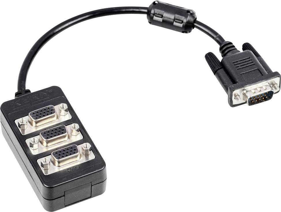 Un adattatore per cavo VGA Y con una spina e tre prese, che consente di collegare un monitor a più dispositivi.