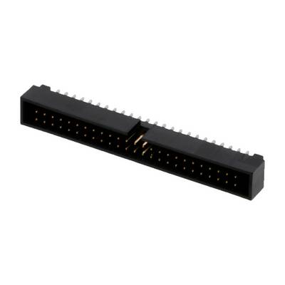 Connettore elettrico nero, rettangolare, con numerosi pin di rame, idoneo per applicazioni hardware o elettroniche.