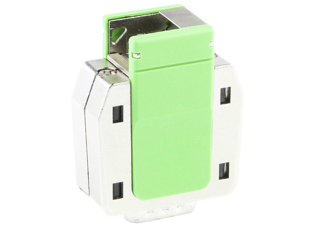 Un adattatore elettrico verde su un involucro argentato, dispositivo di connessione per guida DIN, mostra uscite laterali e una staffa metallica superiore.
