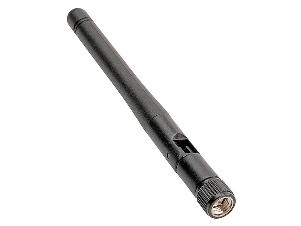 Un'antenna nera, rimovibile, con filettatura a vite, adatta per router o altri dispositivi wireless.
