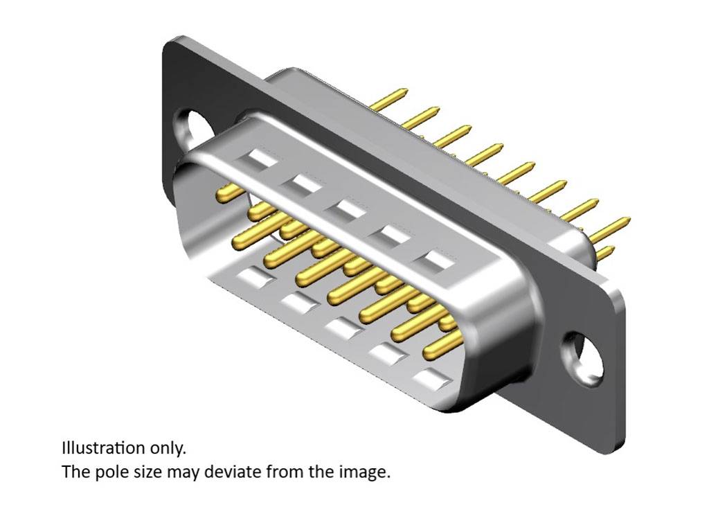 Connettore D-Sub con involucro metallico e più pin dorati; testo di avvertenza: 'Solo a scopo illustrativo. La dimensione dei poli può variare.'