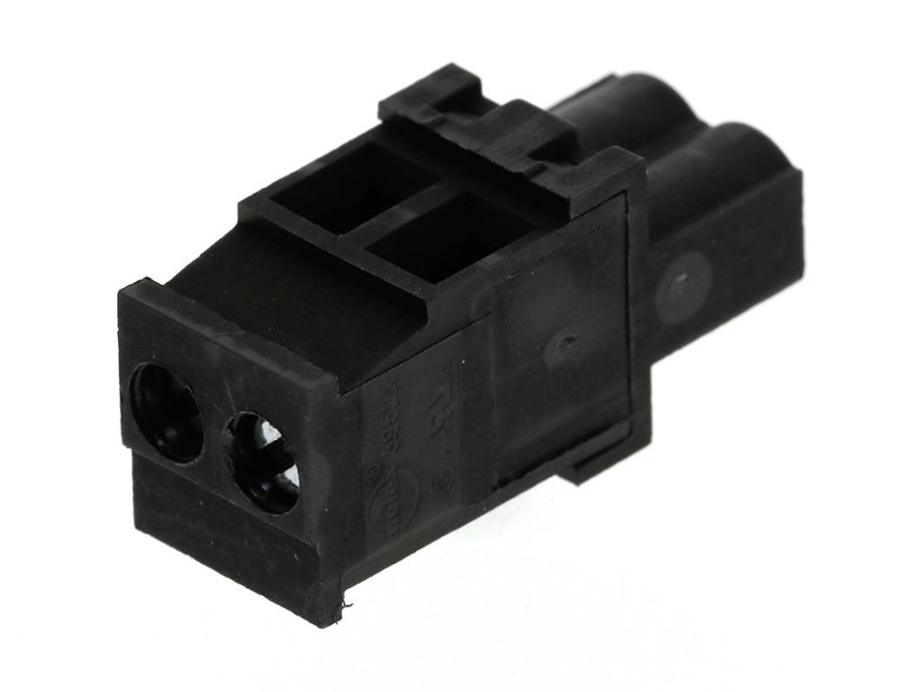 Connettore bipolare nero con involucro rettangolare e due aperture circolari per l'ingresso dei cavi, su sfondo bianco.
