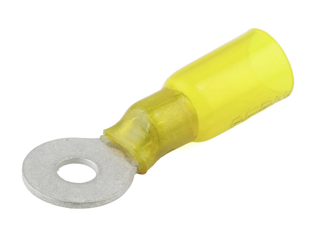 Capocorda ad anello isolato giallo, con occhiello metallico, utilizzato per collegare cavi a batterie o dispositivi elettrici.