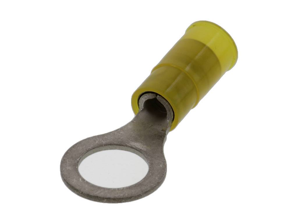 Un capocorda giallo con occhiello tondo, idoneo per collegare cavi a connessioni a vite in impianti elettrici.