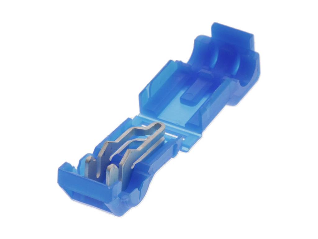 Un connettore blu in plastica, aperto, con contatti metallici visibili, che serve per collegare fili elettrici.