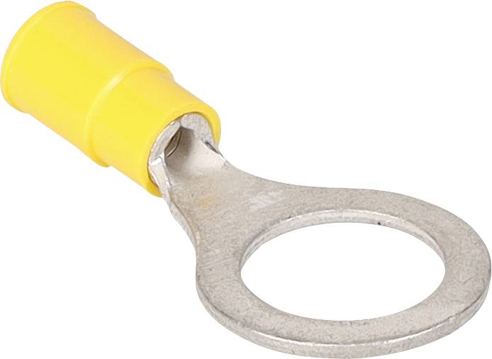 Un terminale ad anello isolato giallo con un loop metallico per collegare fili, comunemente utilizzato in applicazioni elettriche per connessioni sicure.