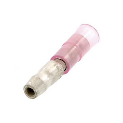 Un connettore elettrico isolato con guaina in plastica rossa su sfondo bianco.