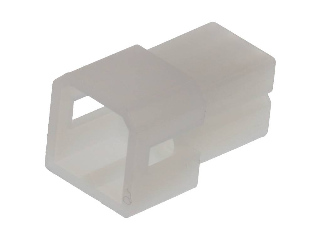 Un connettore rettangolare bianco in plastica con un contatto metallico interno. Adatto per connessioni elettroniche.