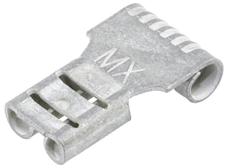 Pezzo di connettore in metallo etichettato MX con due slot e anelli laterali, utilizzato per fissare il cablaggio negli impianti elettrici.