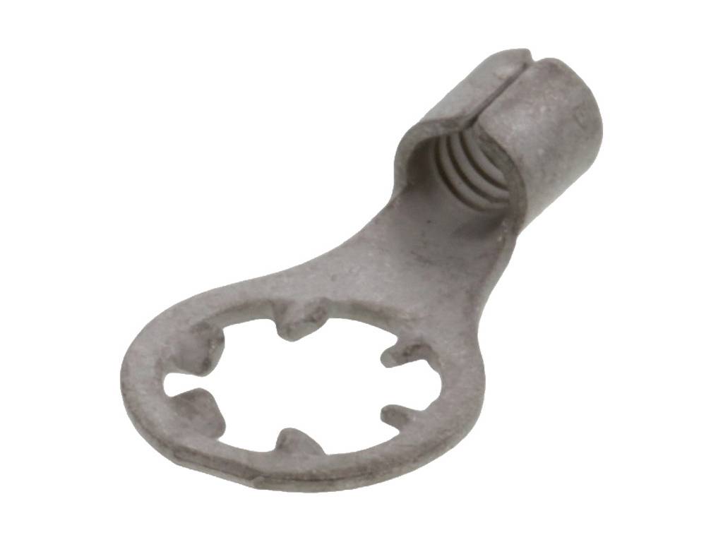 Un capocorda ad anello in metallo grigio, adatto per connessioni elettriche. Ha un anello aperto e un'apertura per l'estremità del cavo.