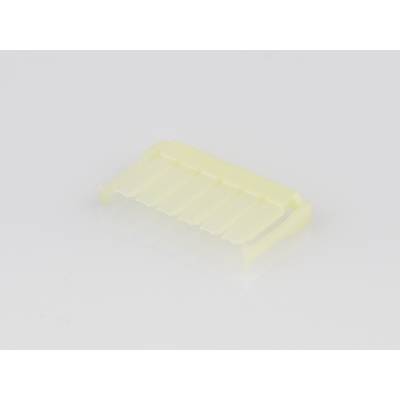 Un componente in plastica trasparente giallo con diverse nervature parallele. Sembra essere un pezzo tecnico o meccanico.