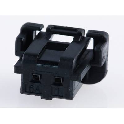 Un connettore nero in plastica con due fori e la marcatura '6A'. Ha supporti laterali ed è utilizzato per connessioni elettriche.