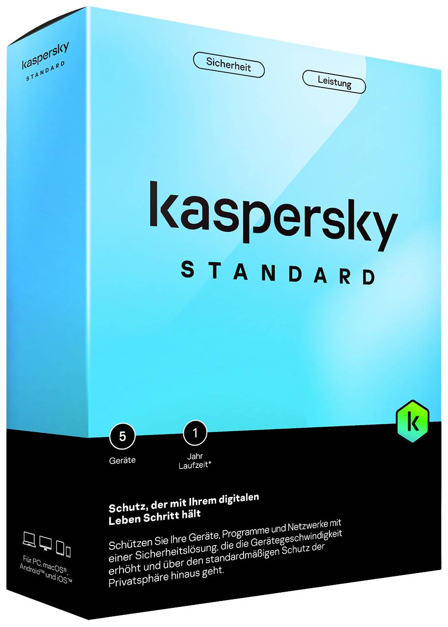 La confezione di 'Kaspersky Standard' mostra informazioni sulla sicurezza e sulle prestazioni per PC e dispositivi mobili con una durata di un anno per cinque dispositivi.