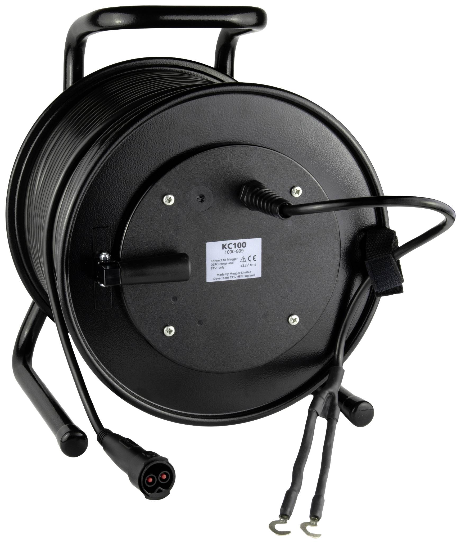 Un tamburo nero per cavi con manico, ingresso cavi e due connettori per cavi.