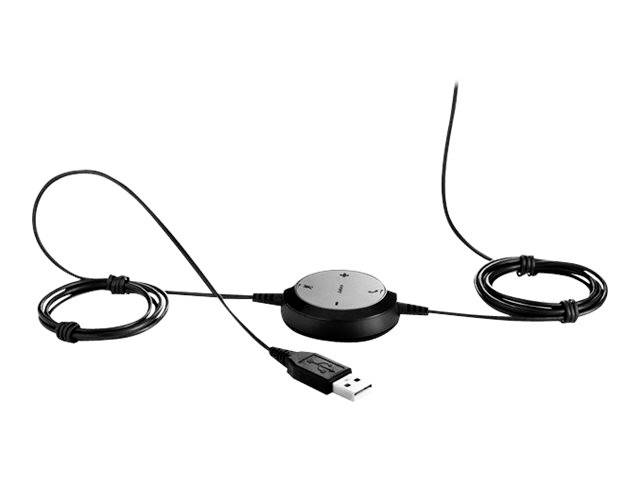 Un cavo USB nero con più connettori. Al centro un interruttore rotondo con controlli del volume e del microfono.