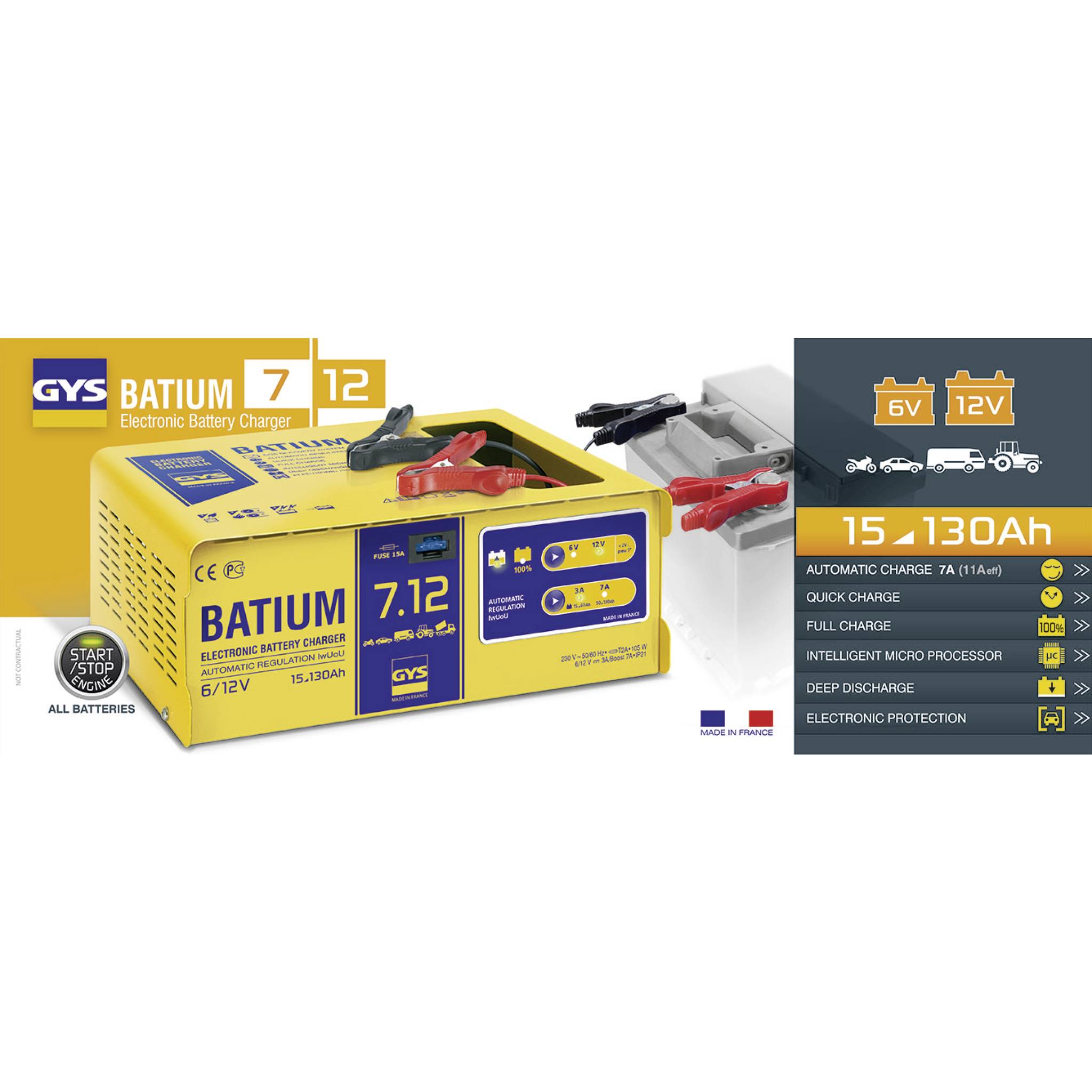 Caricabatterie per batterie da 6-12V, modello Batium 7-12, adatto per batterie da 15-130Ah. Include funzioni diagnostiche automatiche ed elettroniche.