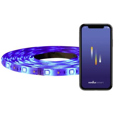 Una striscia LED blu illuminata accanto a uno smartphone con l'app 'nordlux smart' aperta per controllare l'illuminazione.