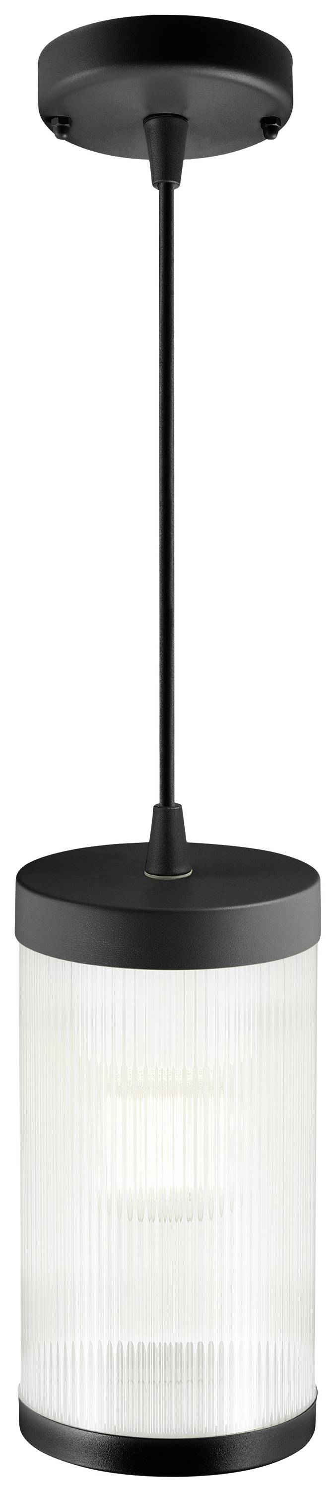 Lampadario a sospensione nero con paralume cilindrico in vetro scanalato. Design semplice e moderno. Adatto per interni.