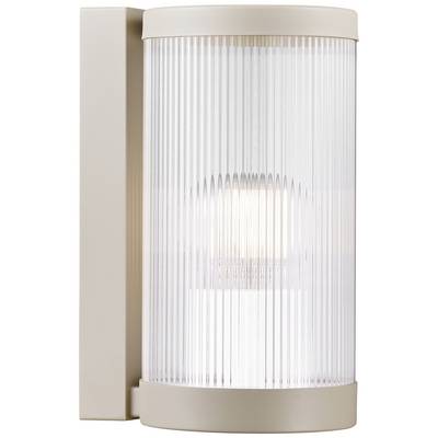 Una lampada da parete cilindrica con vetro scanalato e involucro metallico che emette luce verso l'alto e verso il basso.