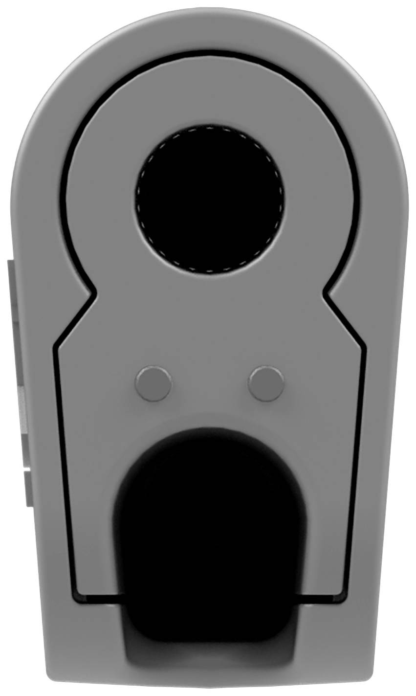 Un dispositivo grigio ovale con un'apertura circolare al centro, probabilmente un componente tecnico o meccanico.