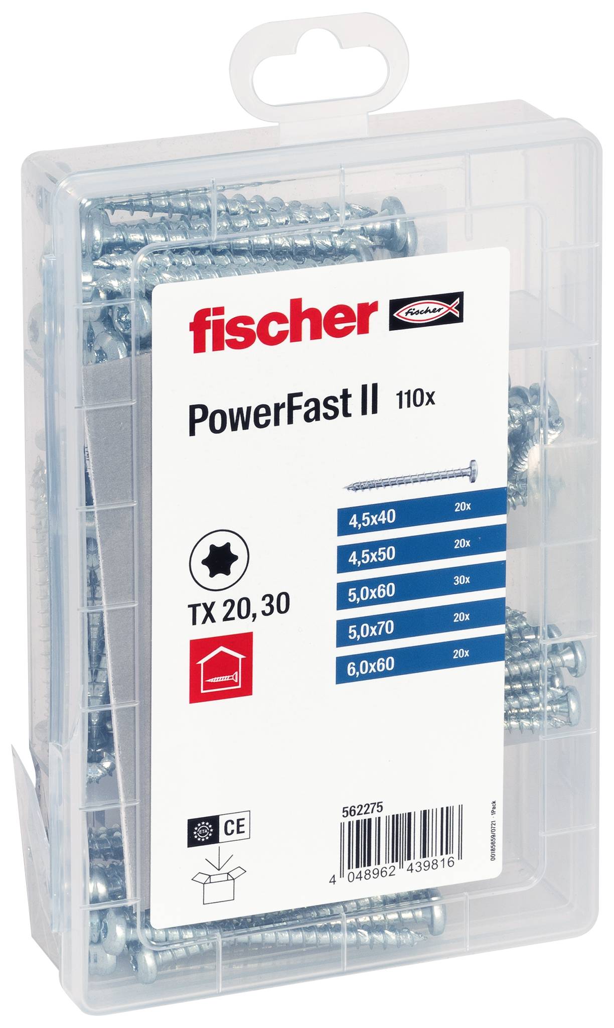 Scatola di stoccaggio in plastica di viti Fischer PowerFast II, etichettata 'PowerFast II 110x' con dimensioni e quantità elencate sulla parte anteriore.