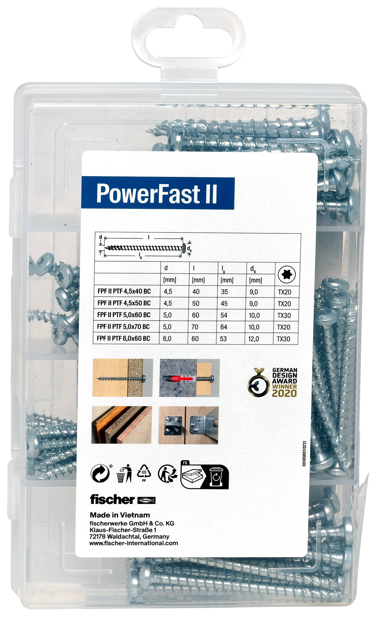 Scatola trasparente in plastica con diverse viti Fischer PowerFast II nelle misure da 4,5x40 a 6,0x60.