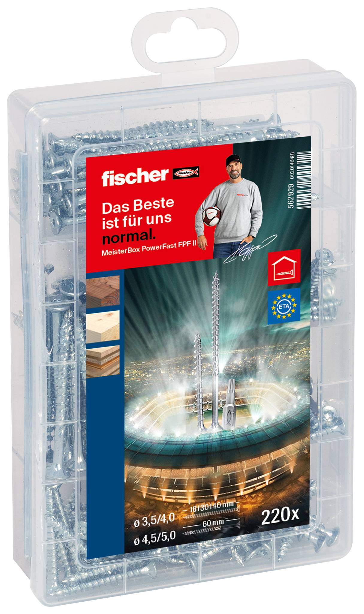 Una custodia in plastica trasparente di viti Fischer con un'etichetta rosso-blu che mostra un uomo che tiene una vite e il testo tedesco "Das Beste ist für uns normal" e "220x".