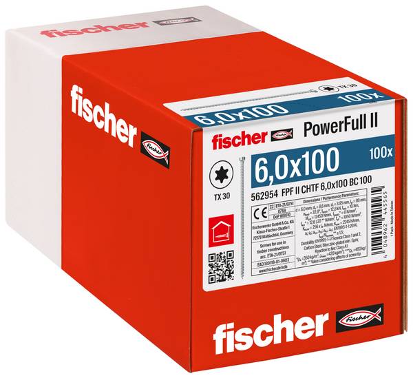 Fischer 562954 FPF II CHTF 6,0 x 100 BC 100 Vite da legno 6 mm 100 mm TX    Acciaio galvanizzato zinco 100 pz.