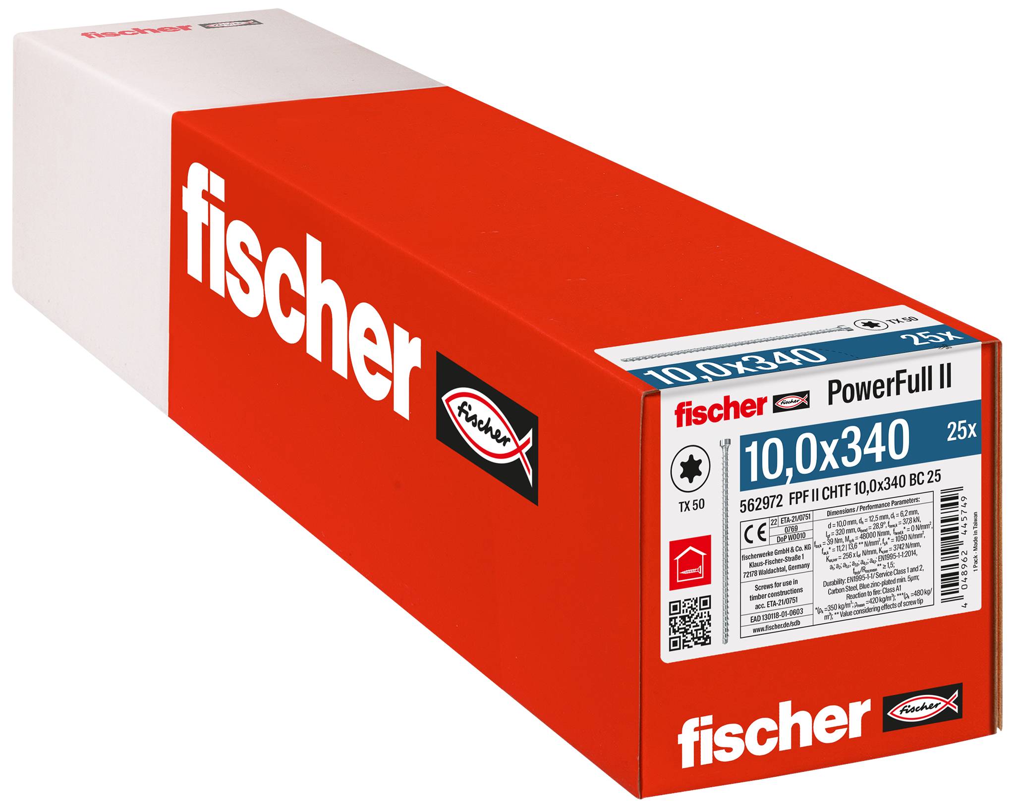 Scatola rossa Fischer PowerFull di fastener del marchio Fischer, etichettata 10,0x340 sulla parte anteriore.