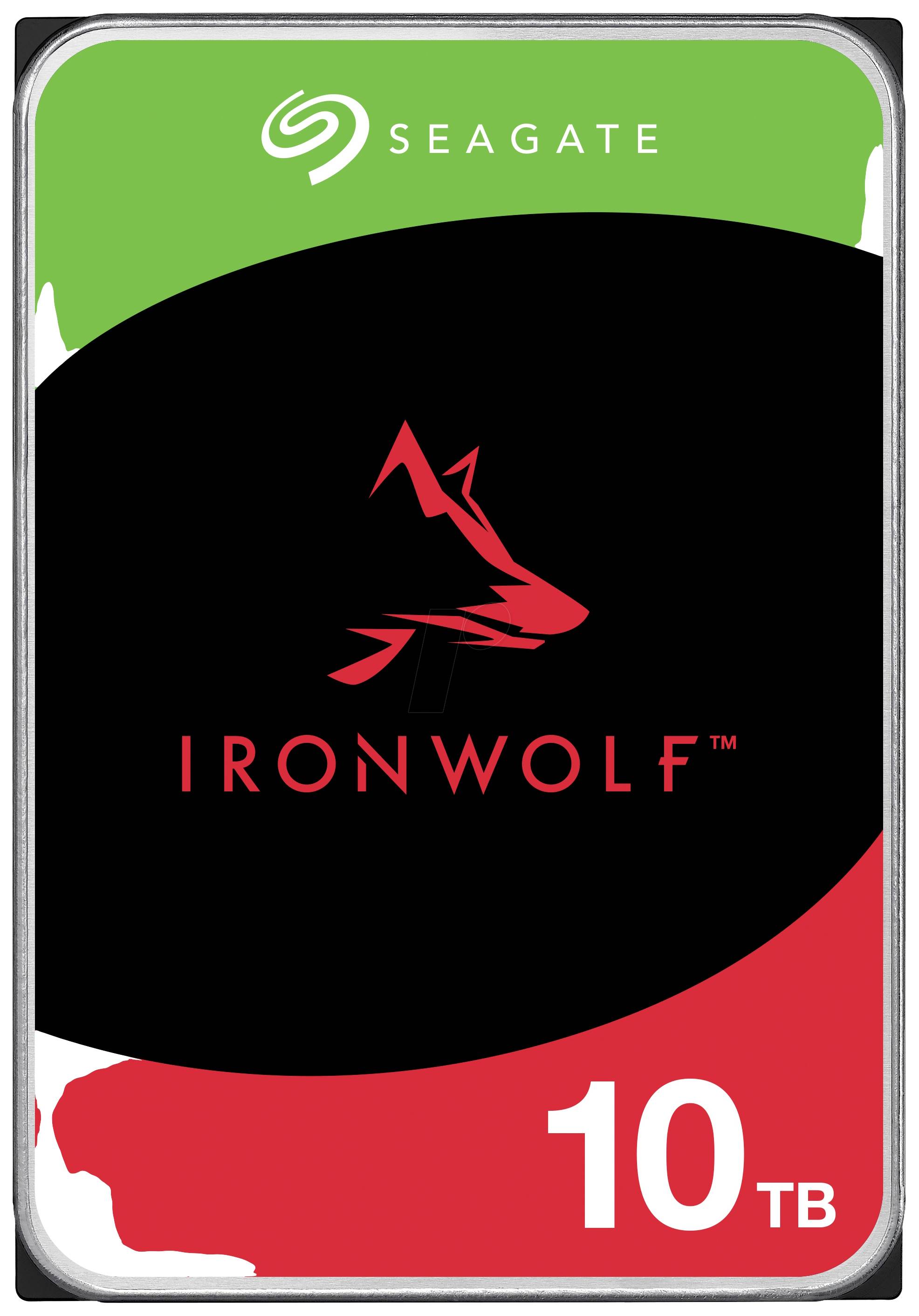 Hard disk 'Seagate IronWolf 10TB' in design nero, rosso e verde con logo Wolf, adatto per sistemi NAS.