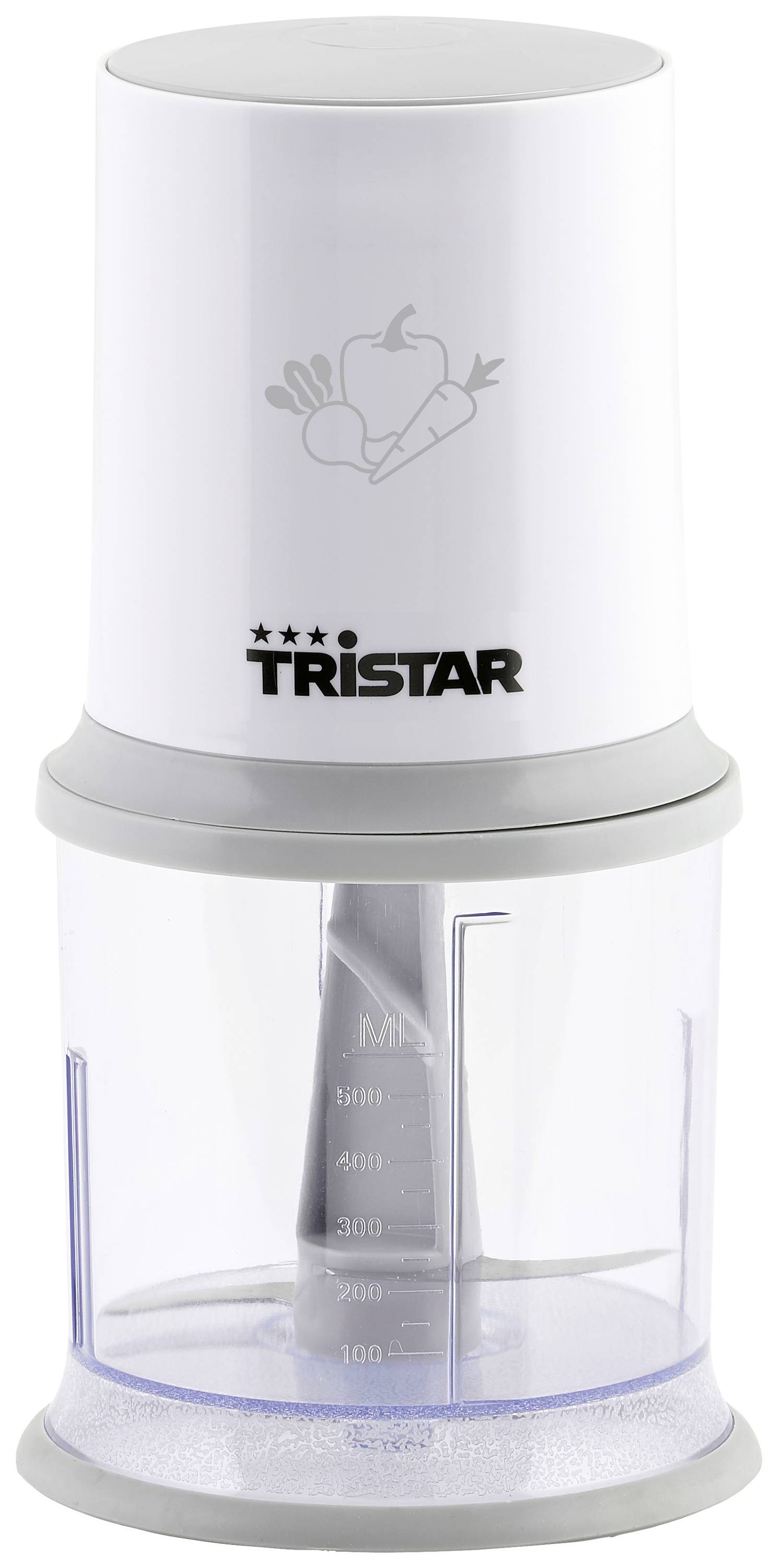 Tritatutto elettrico con coperchio bianco, contenitore trasparente e scala graduata; adatto per tritare verdure.