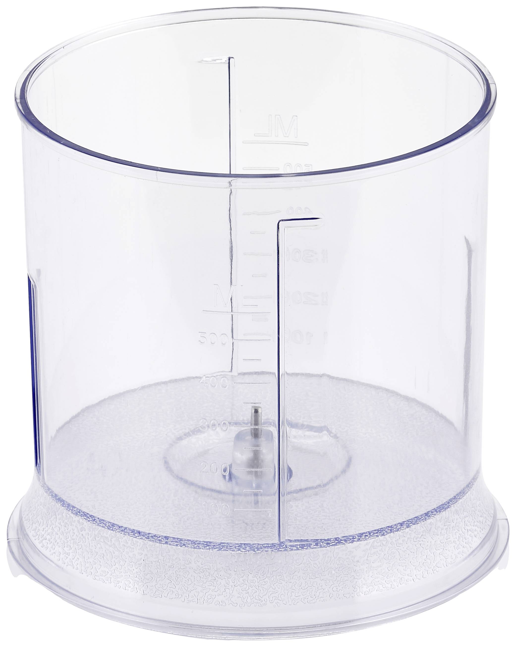 Misurino trasparente con scala in millilitri, in piedi su sfondo bianco.