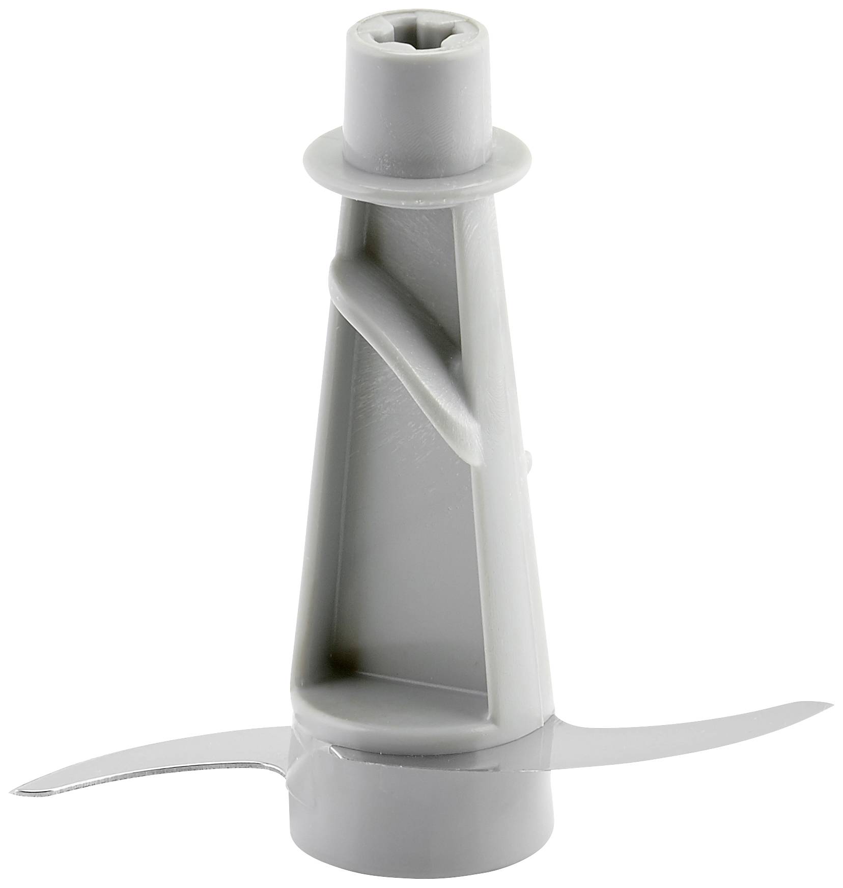 Coperchio grigio in plastica con lama doppia tagliente sul lato inferiore, probabilmente parte di un elettrodomestico da cucina o di un frullatore.