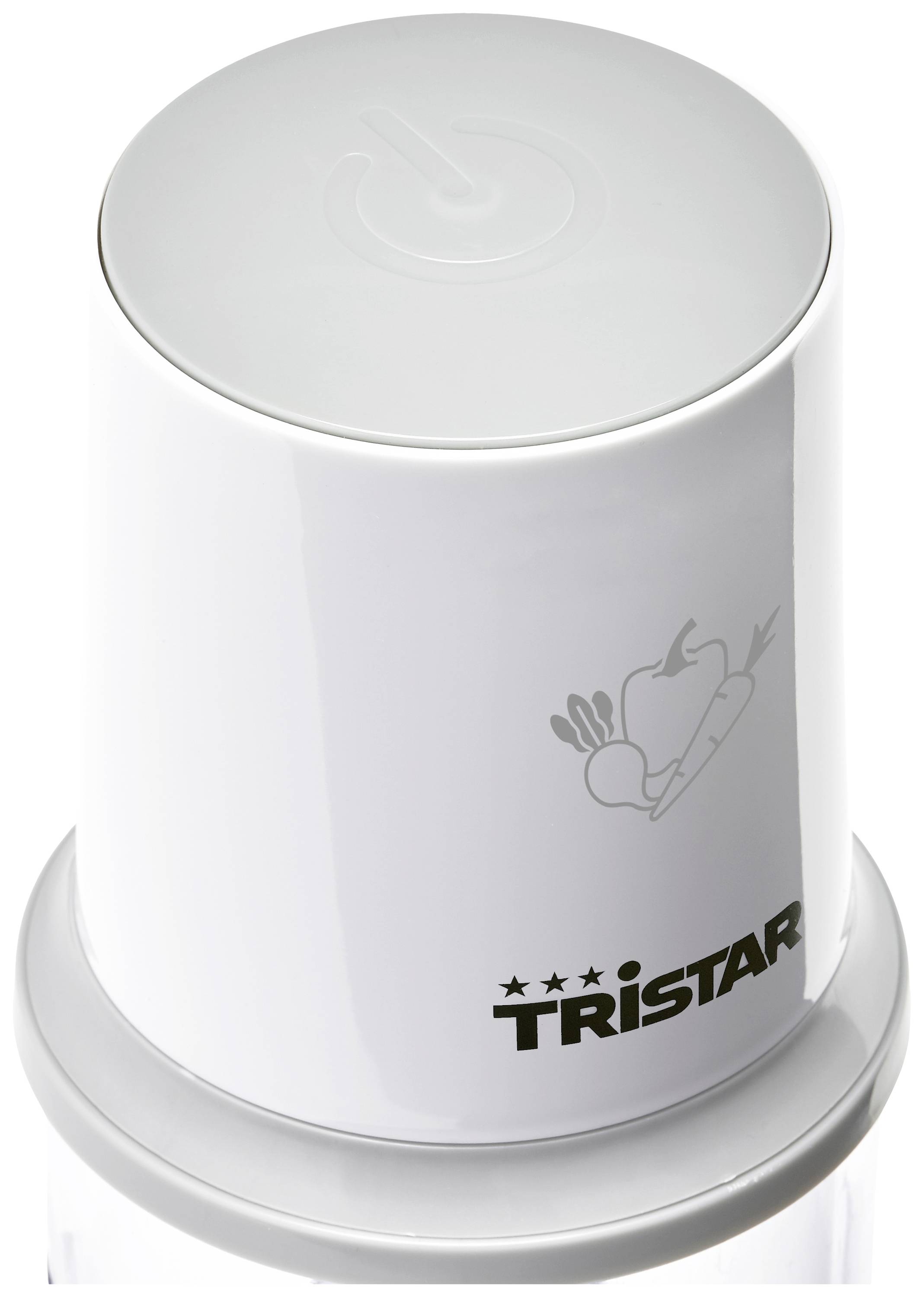 Robot da cucina bianco con logo Tristar e simbolo di verdura, adatto per miscelare gli ingredienti.
