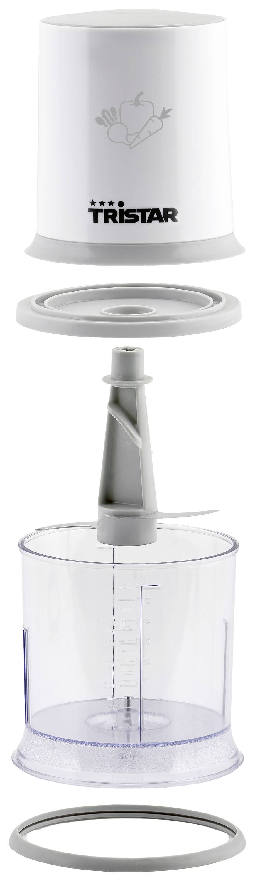 Un frullatore a immersione bianco di Tristar, composto da un corpo motore, un accessorio mixer estraibile e un contenitore trasparente per frullare.