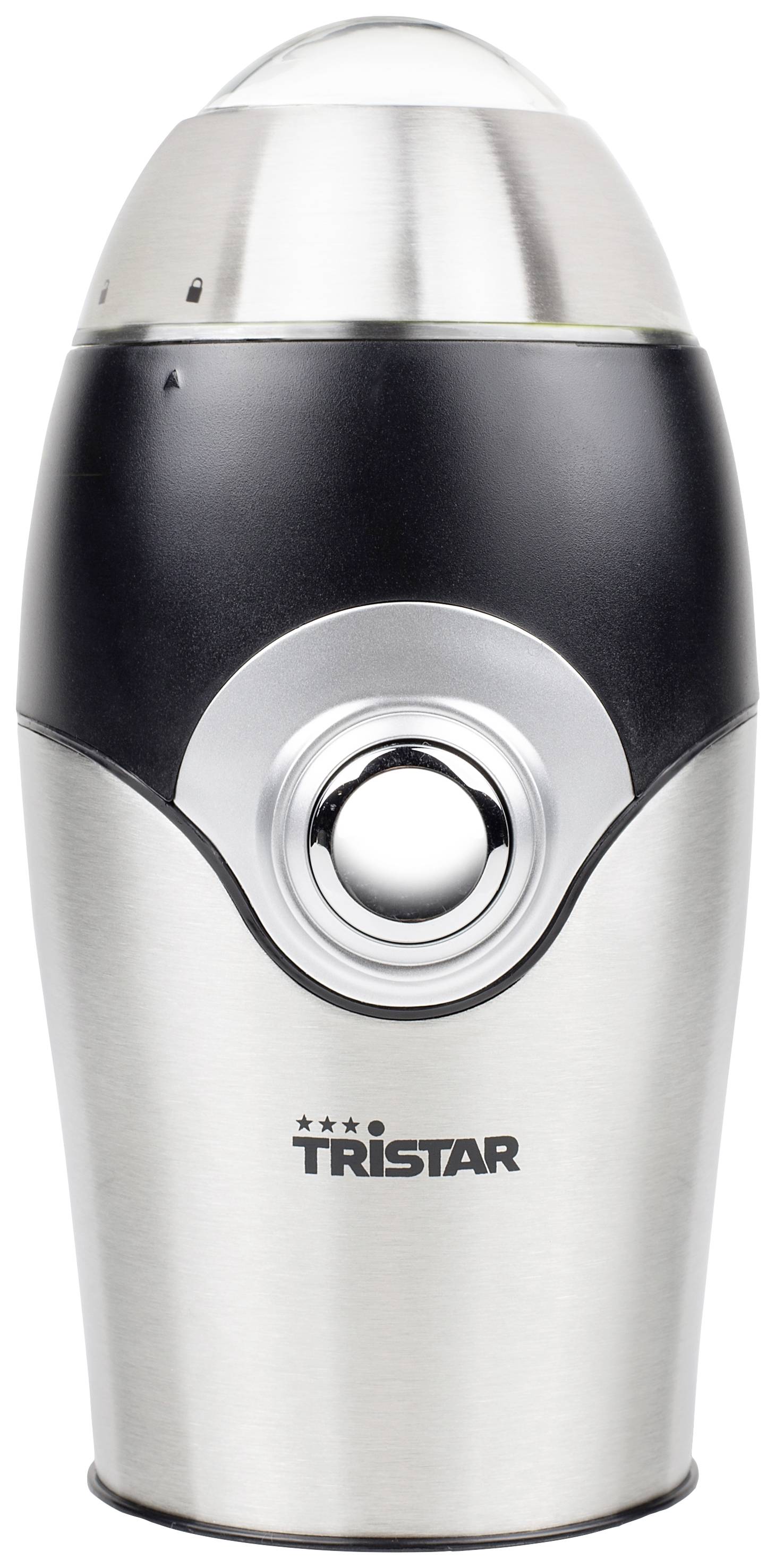 Macinacaffè elettrico in acciaio inox, di forma cilindrica con involucro nero e argento, tasto centrale e coperchio trasparente.