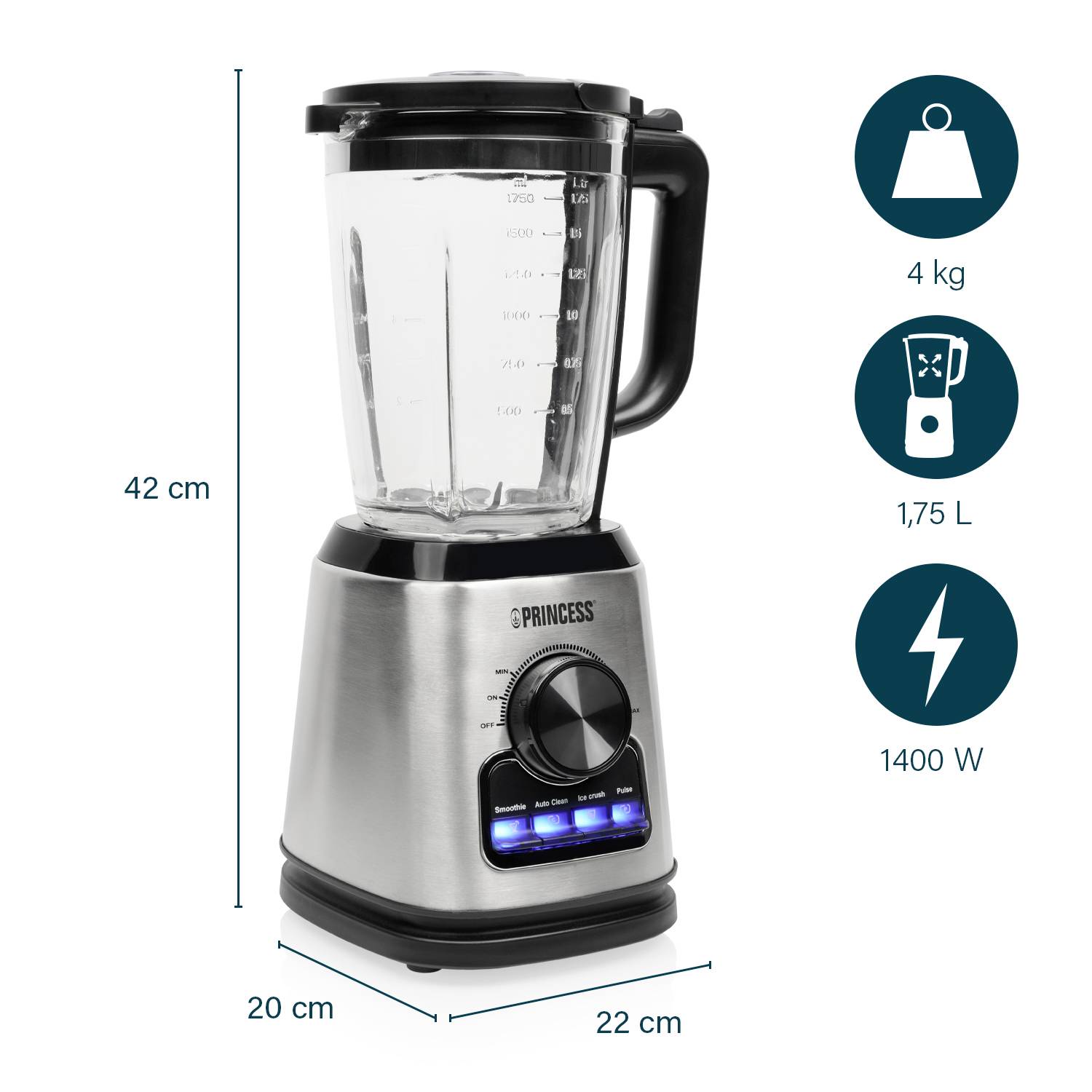 Un mixer argentato con un'altezza di 42 cm, un volume di 1,75 litri, una potenza di 1400 watt e un peso di 4 kg.