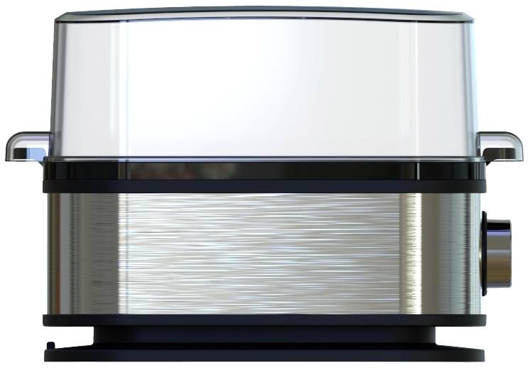 Vaporiera elettrica in acciaio inox con coperchio trasparente e maniglie laterali, ideale per cuocere delicatamente gli alimenti.