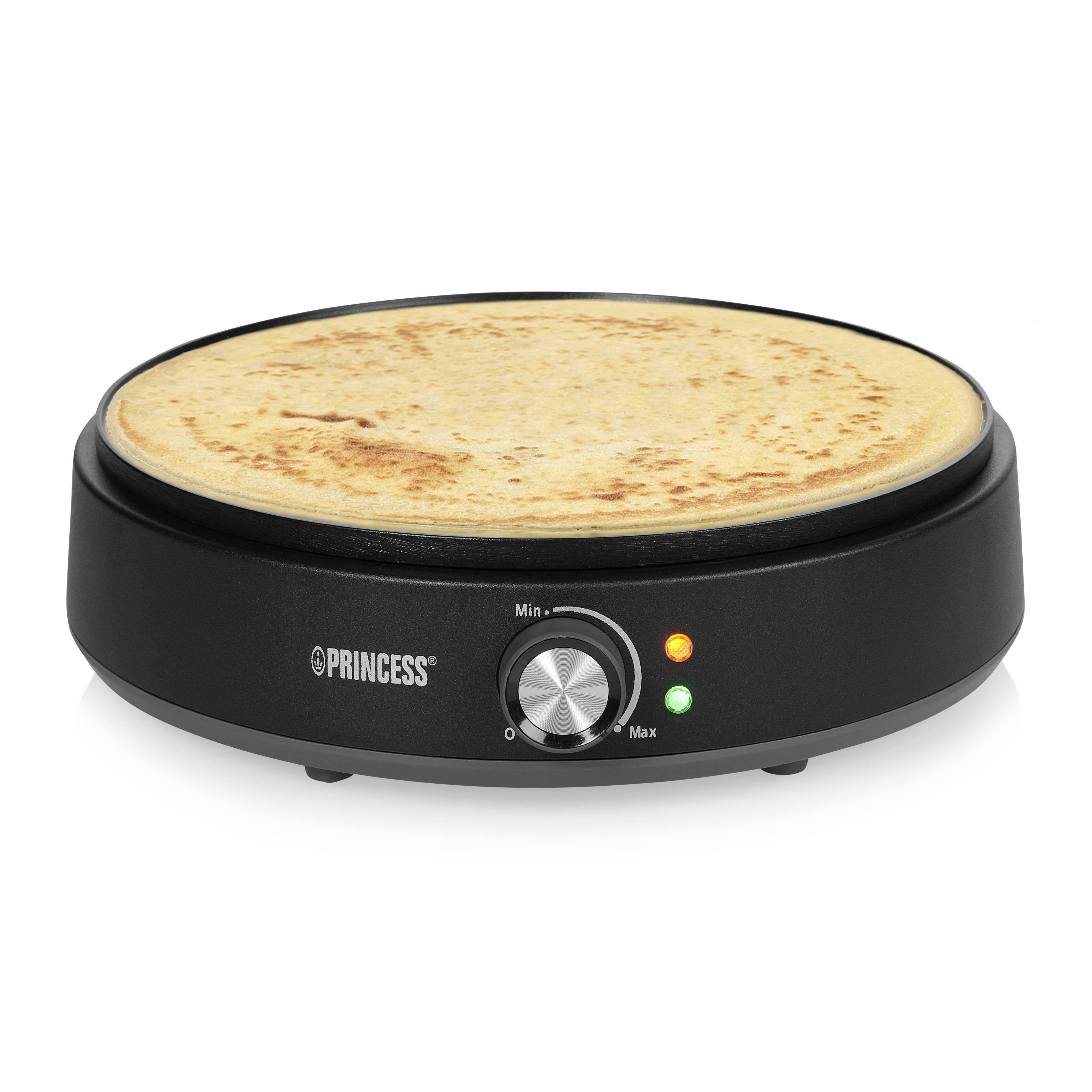Macchina per crepes con una crepe in cima, termostato regolabile in modo continuo, base nera con spie di controllo.