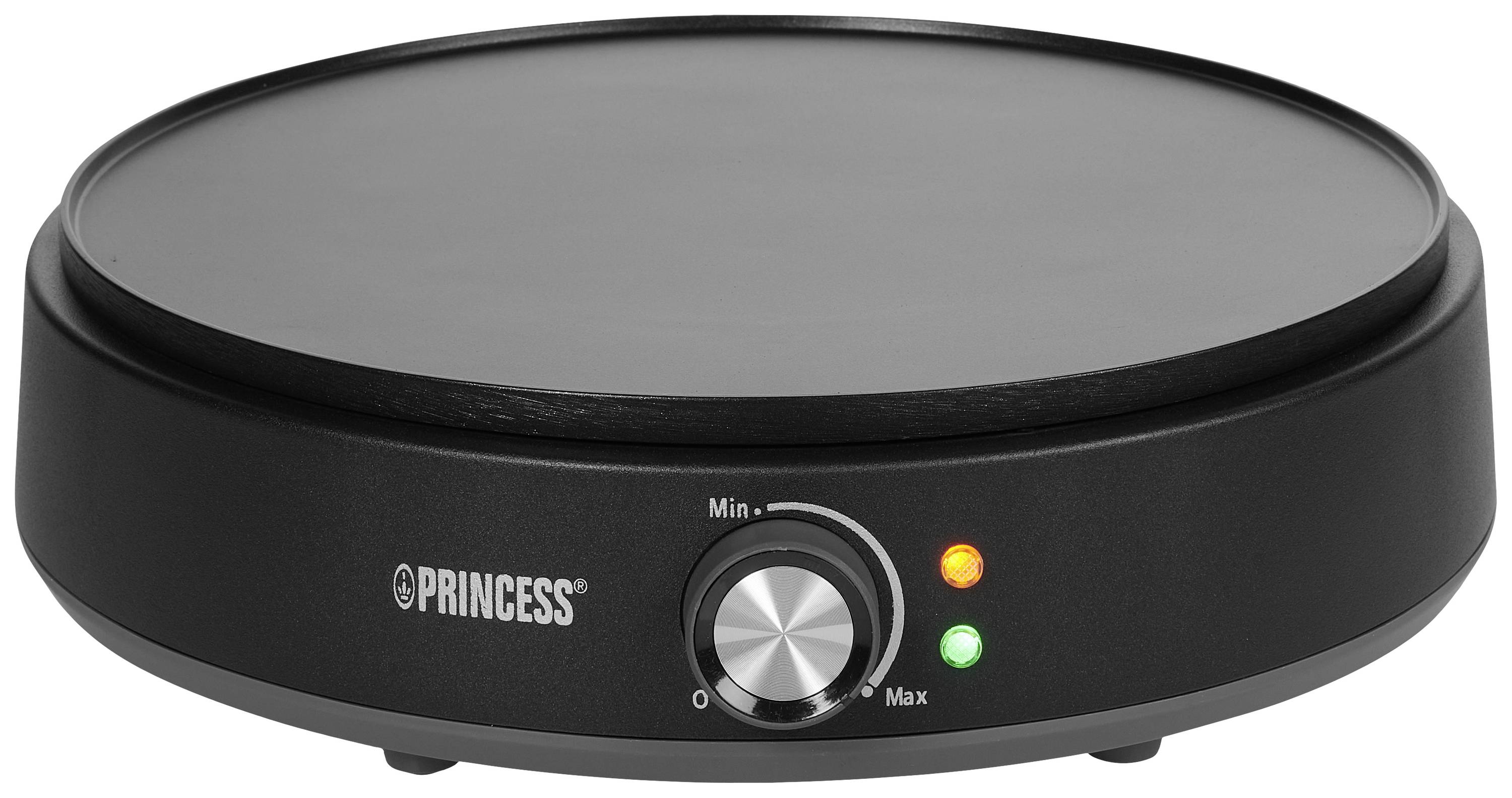 Un crêpe maker elettrico nero del marchio 'Princess' con una manopola per la regolazione della temperatura e due spie di controllo.